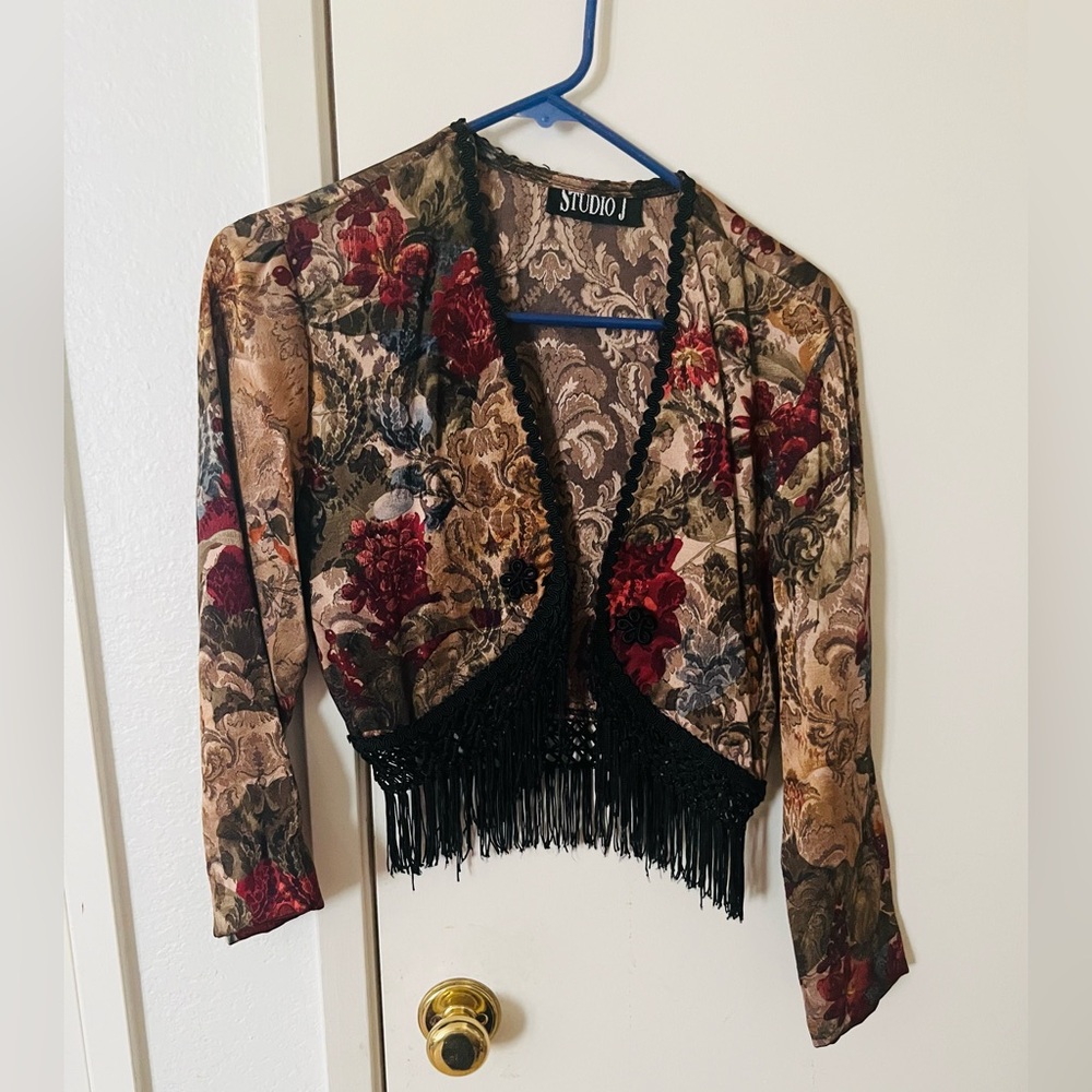 Studio J Red and Beige Floral Bolero with Black Trim